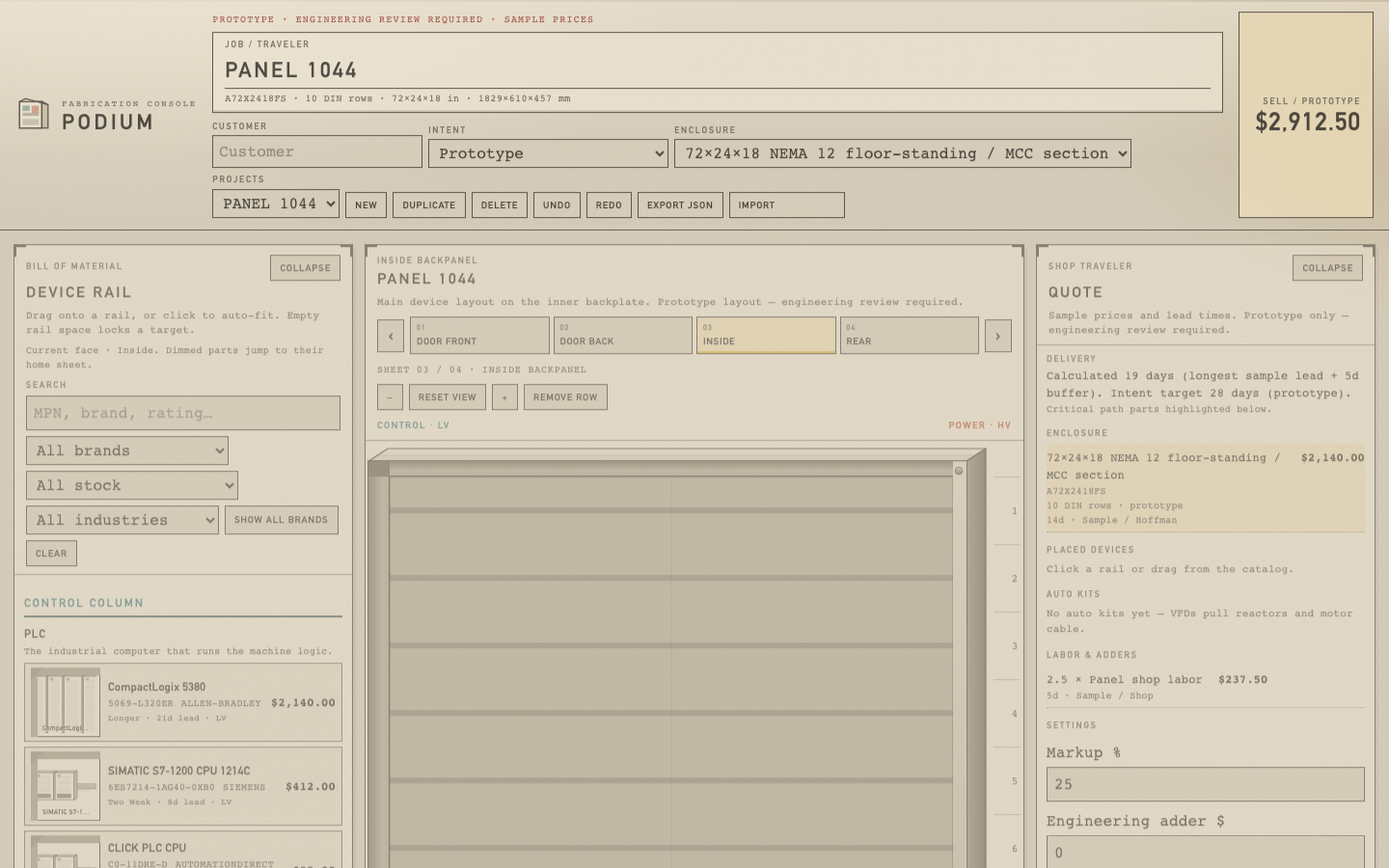 Podium control panel configurator interface