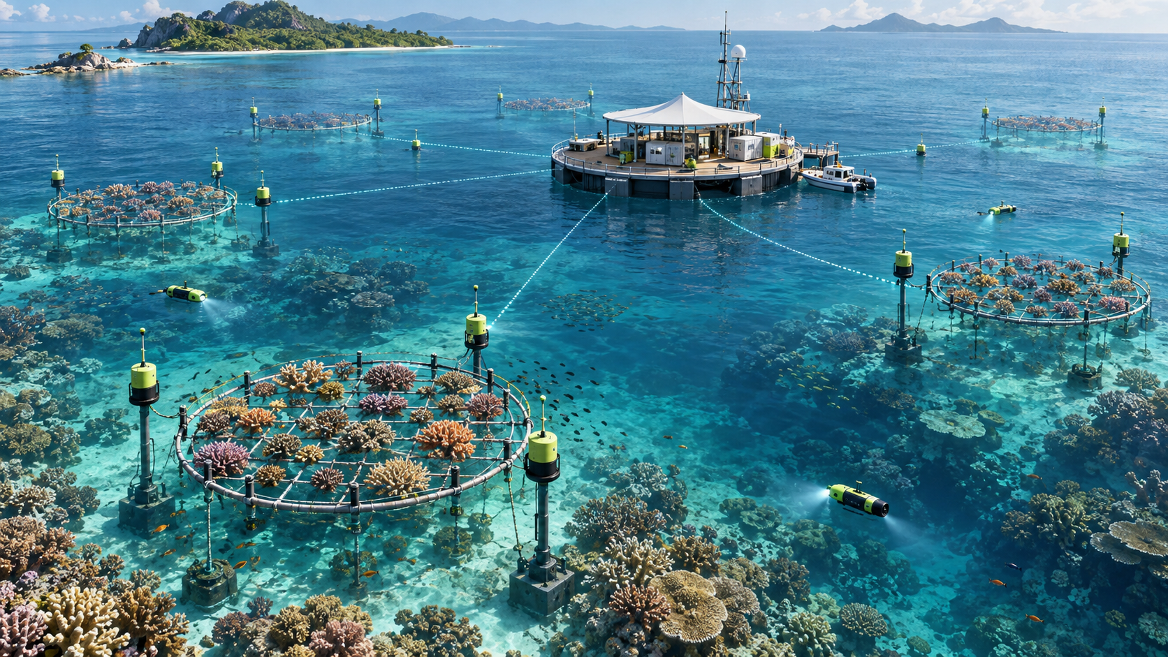 A connected hub-and-spoke coral farming network with sensor-enabled nursery sites