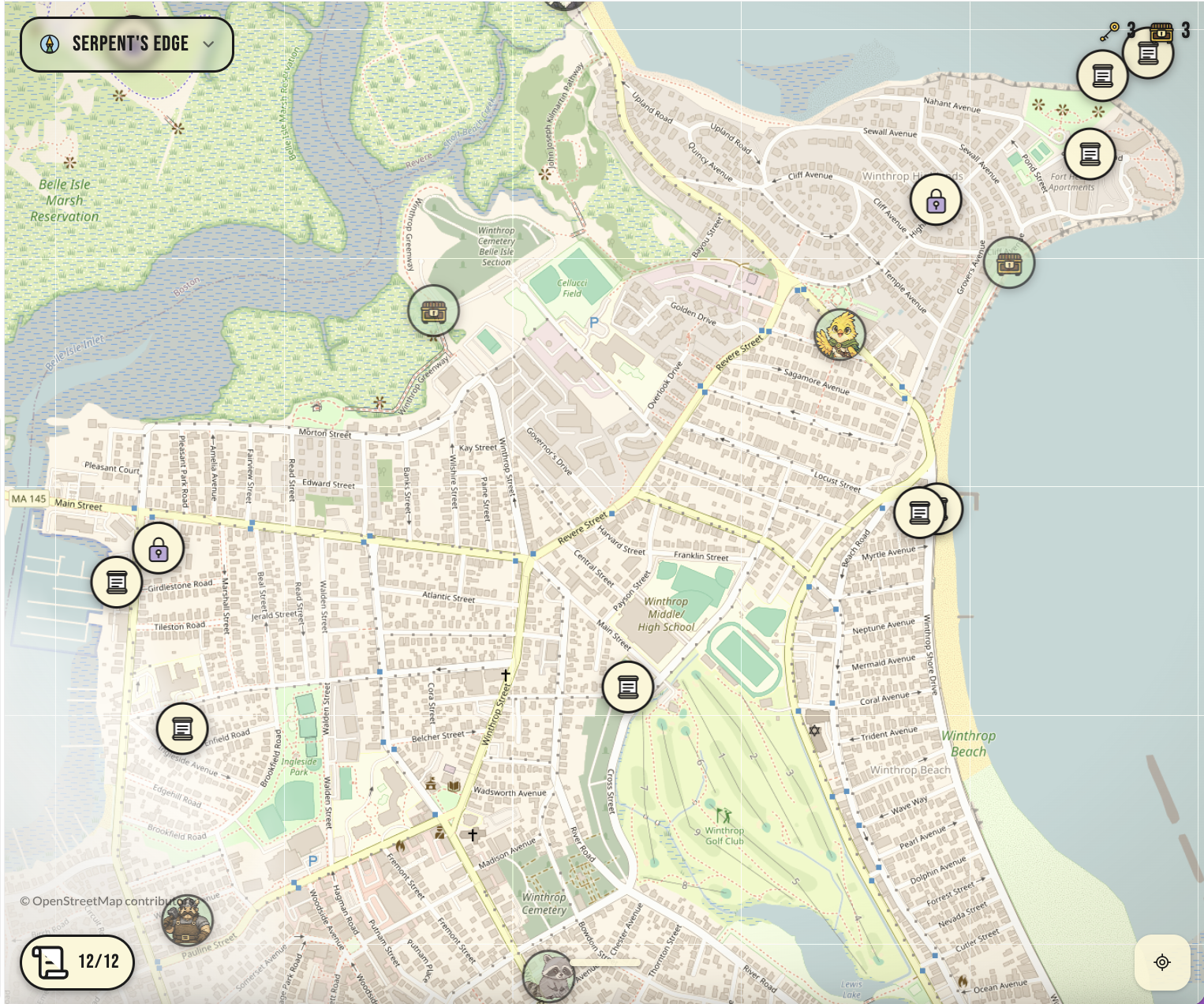 Garfinkels Quest interactive geocache map of Winthrop with quest markers
