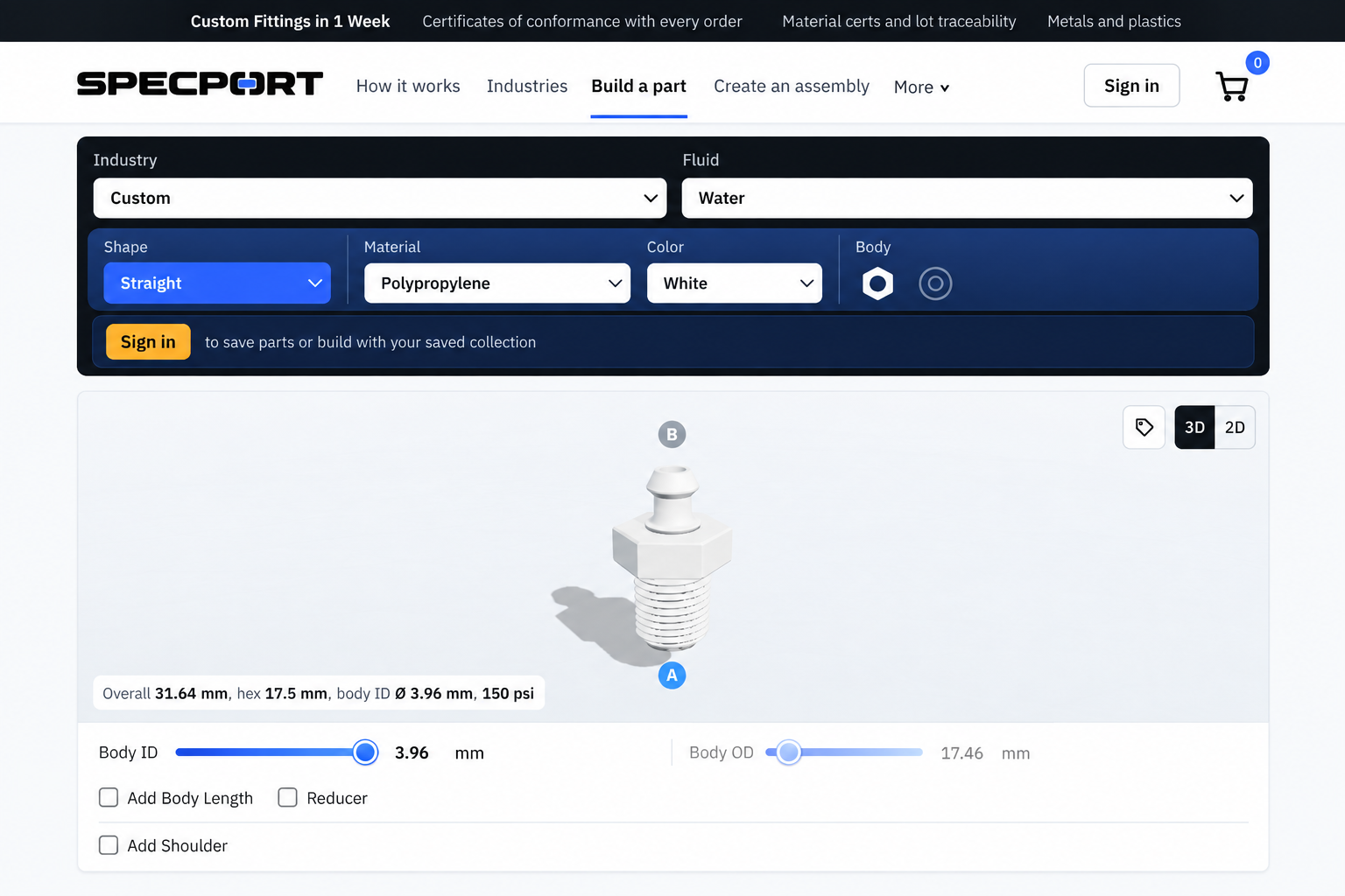 Specport Build a Part configurator with custom fitting controls and a 3D part preview